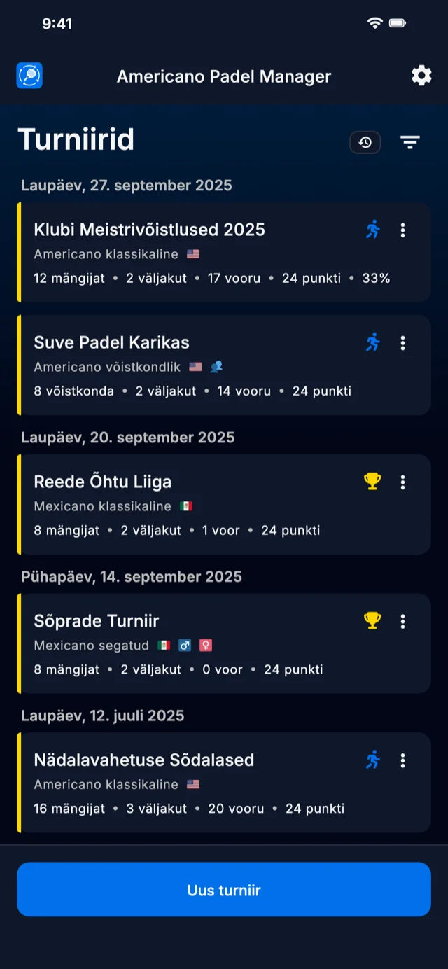 Padeli turniiri haldamise rakendus Americano ja Mexicano formaatide jaoks