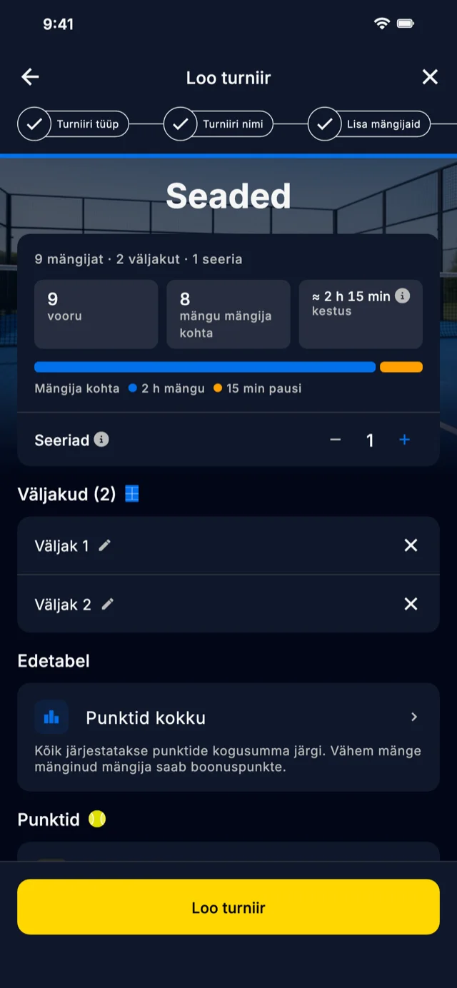 Turniiri seadistuse ekraan Americano Padel Manageri rakenduses