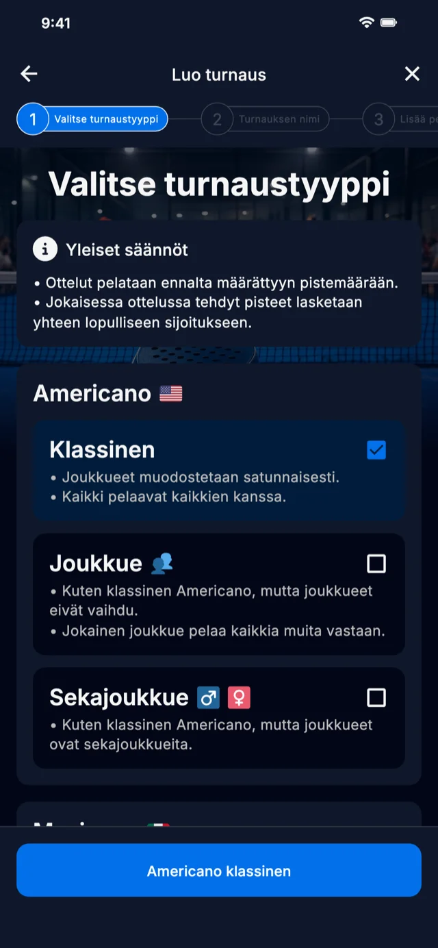 Padel-turnausformaatin valinta Americanolle ja Mexicanolle