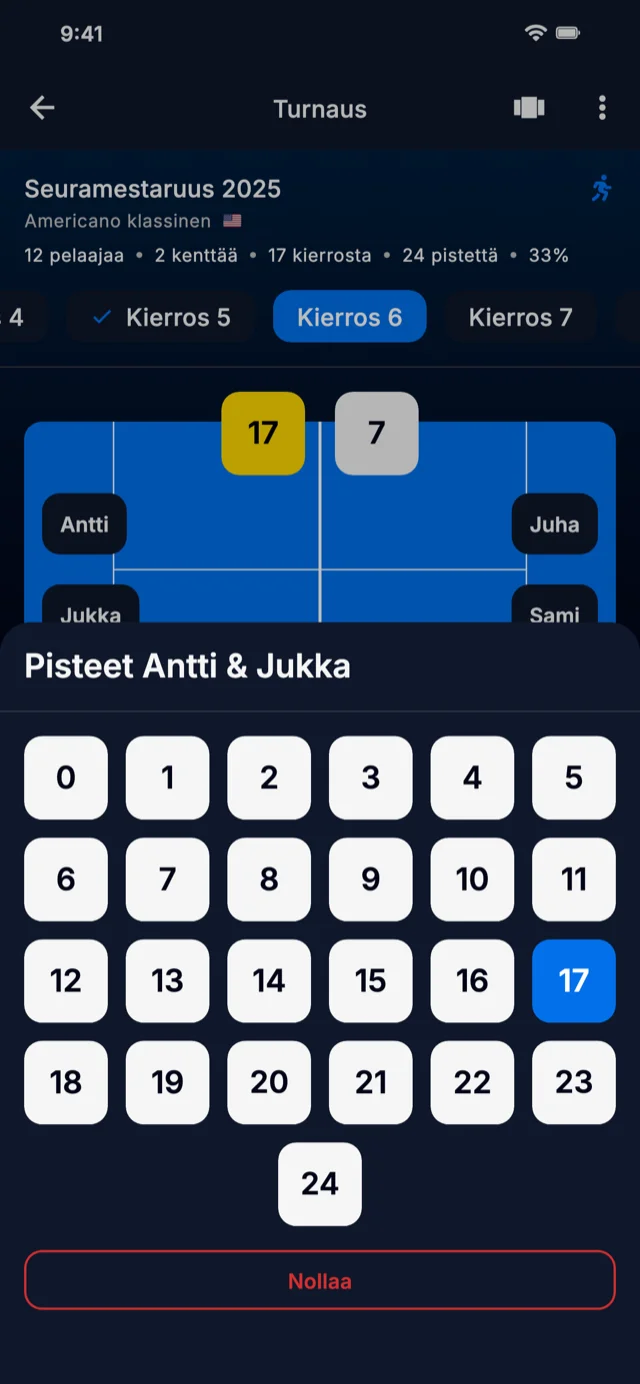 Sovelluksen kuvakaappaus, joka näyttää pisteiden syöttämisen