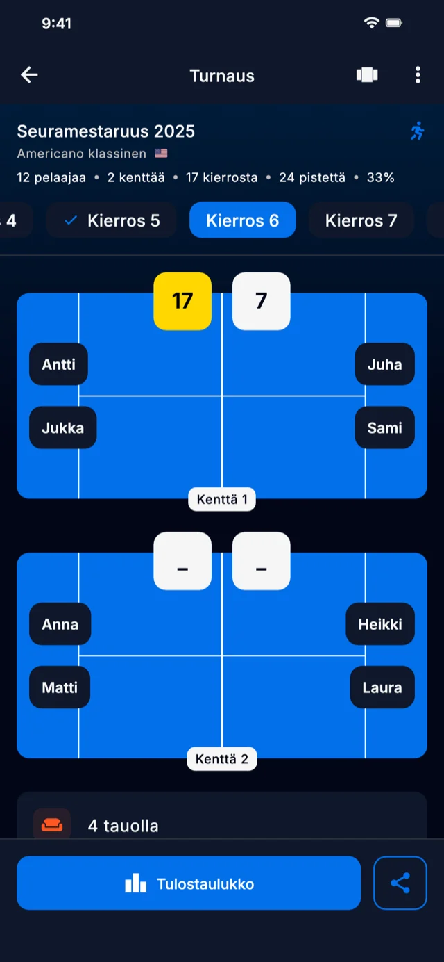 Sovelluksen kuvakaappaus, joka näyttää turnauskierrokset