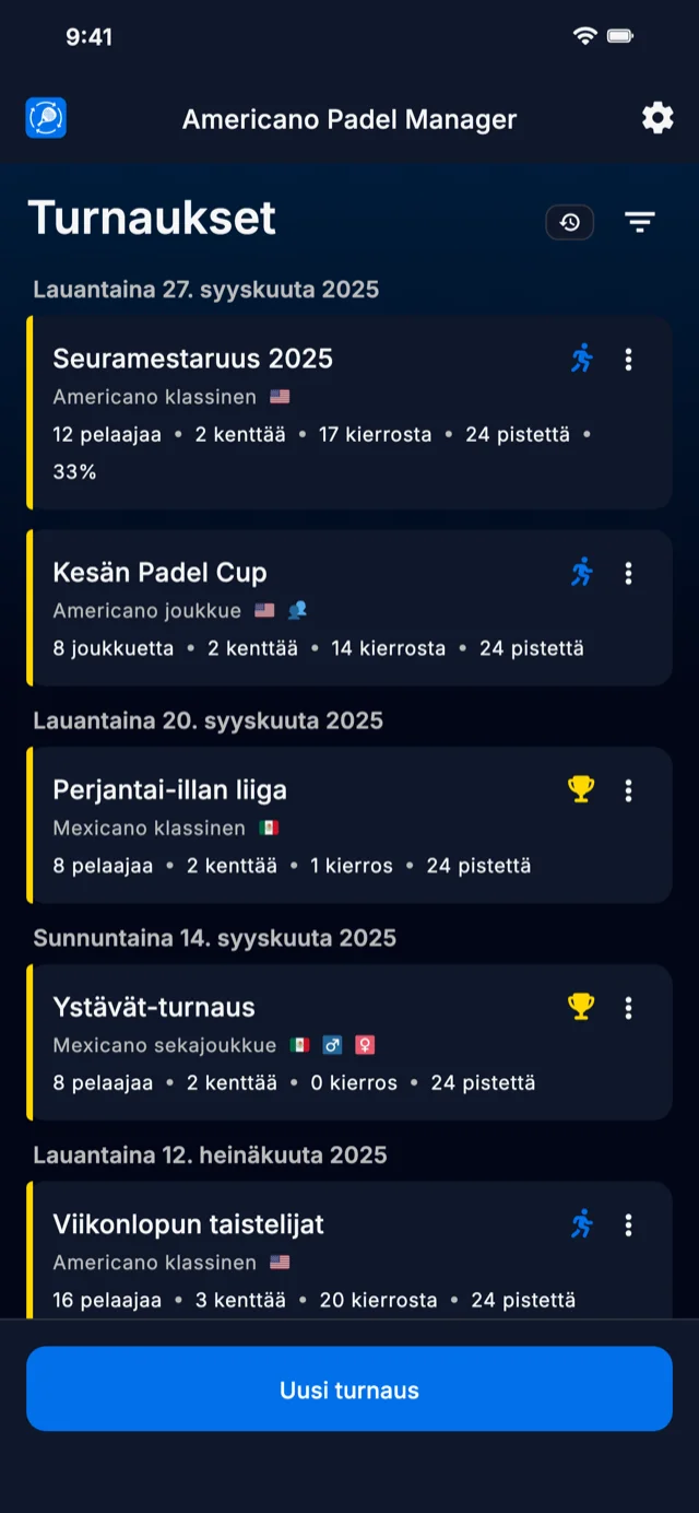 Padel-turnaushallintasovellus Americano- ja Mexicano-formaateille