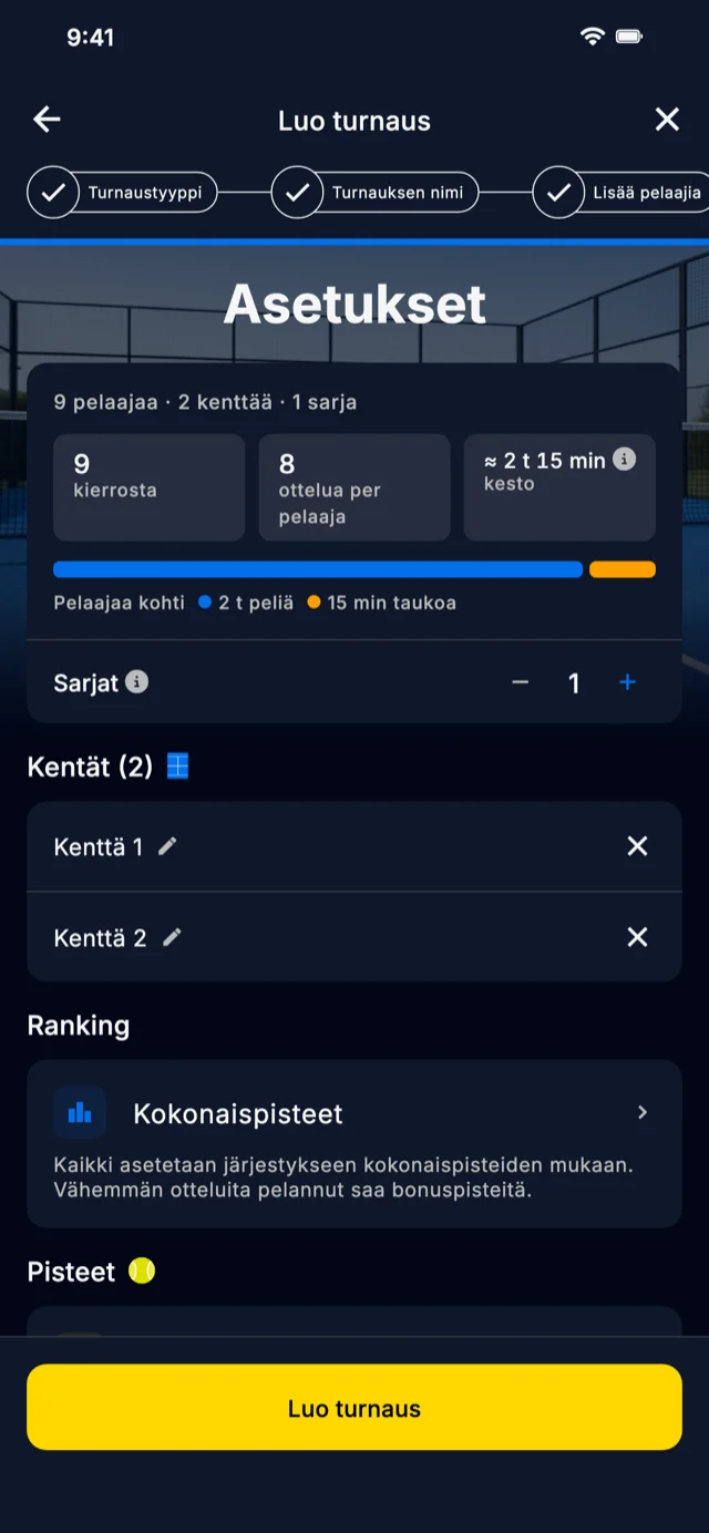 Turnauksen asetusnäkymä Americano Padel Manager sovelluksessa