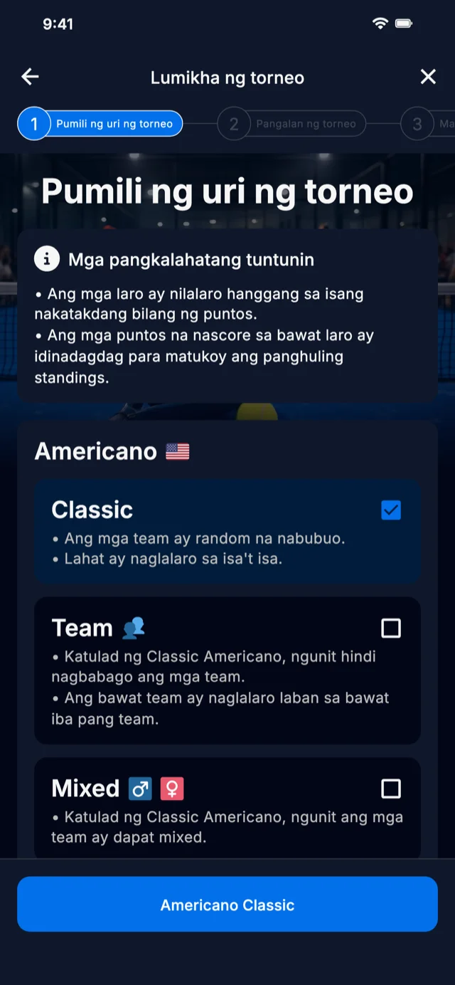 Pagpili ng padel tournament format para sa Americano at Mexicano