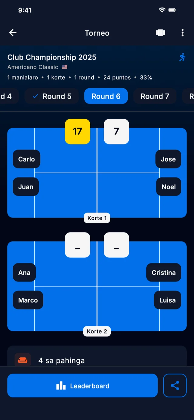 Screenshot ng app na nagpapakita ng tournament rounds