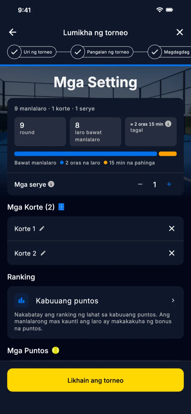 Screen ng konpigurasyon ng torneo sa Americano Padel Manager