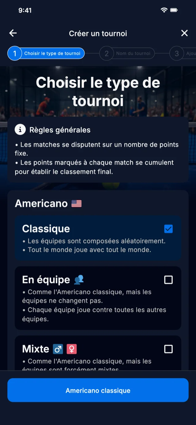 Sélection des formats de tournoi padel Americano et Mexicano