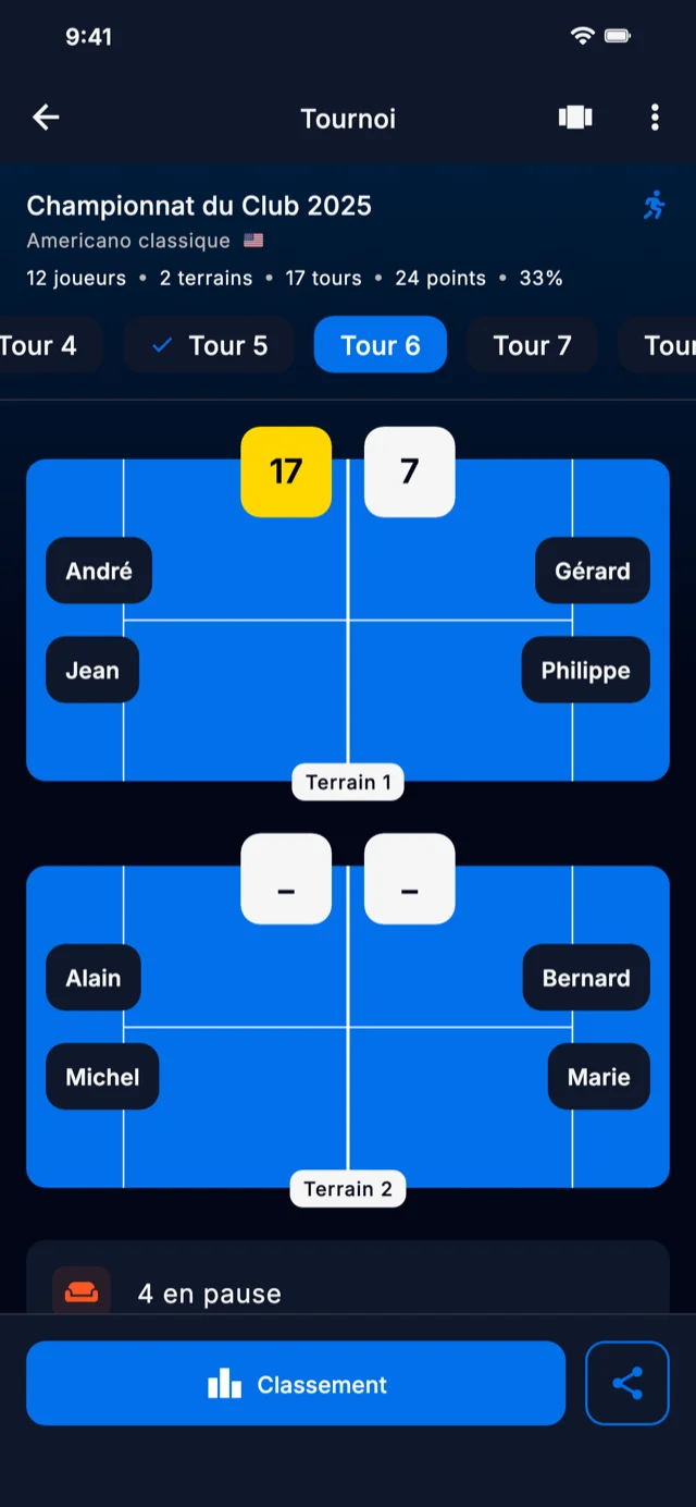 Capture d'écran de l'application montrant les rounds du tournoi
