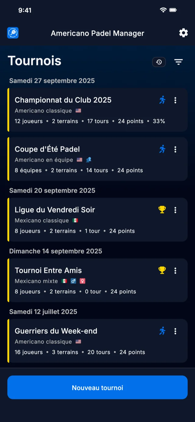 Application de gestion de tournois padel Americano et Mexicano