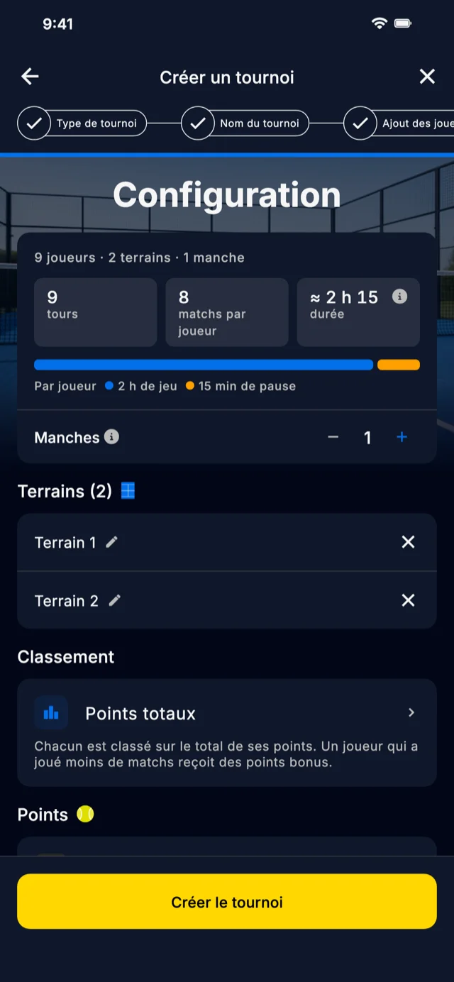 Écran de configuration d'un tournoi dans Americano Padel Manager