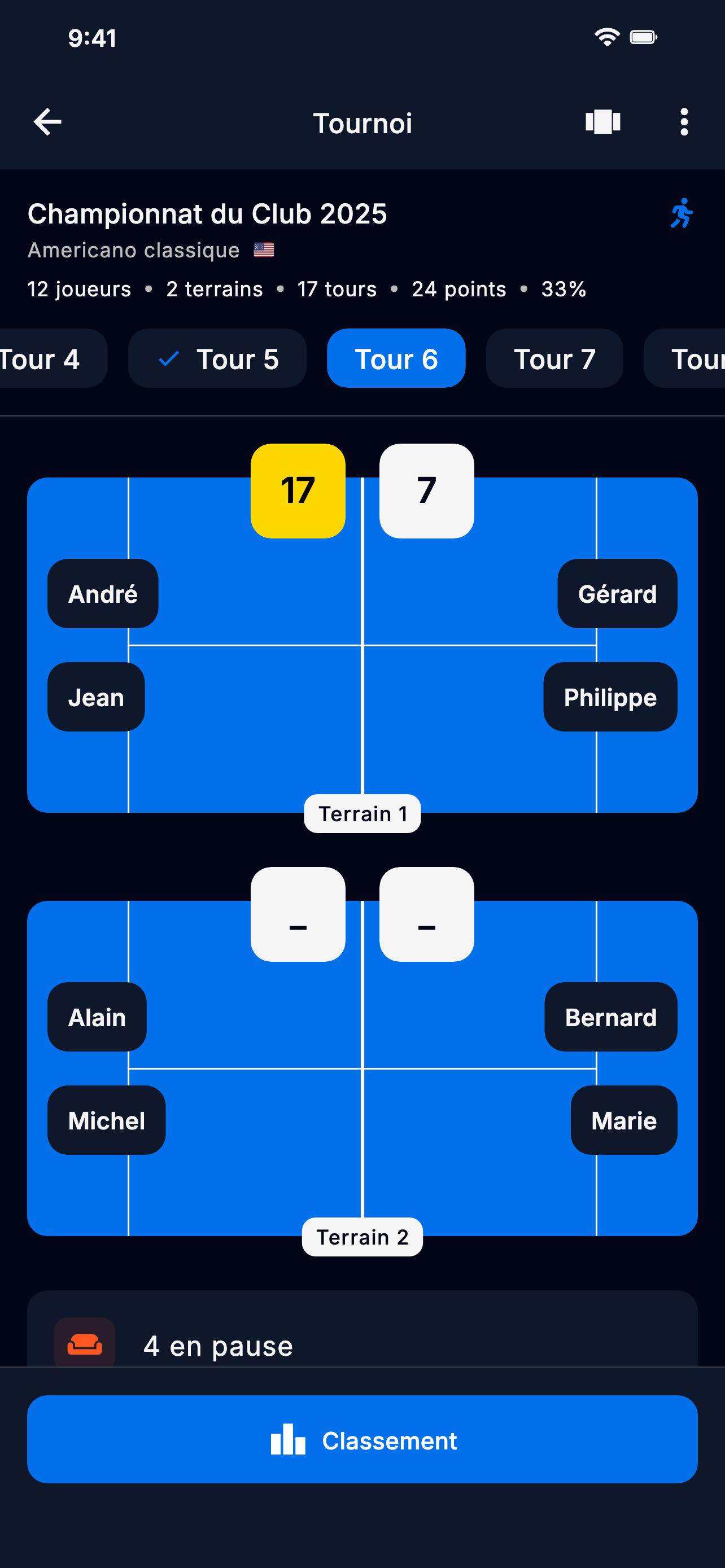Capture d'écran de l'application montrant les rounds du tournoi