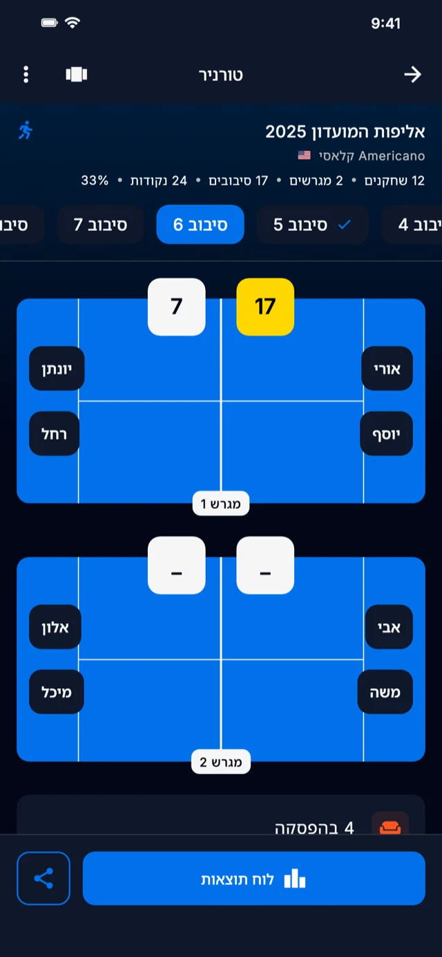 צילום מסך של האפליקציה המציג סיבובי טורניר