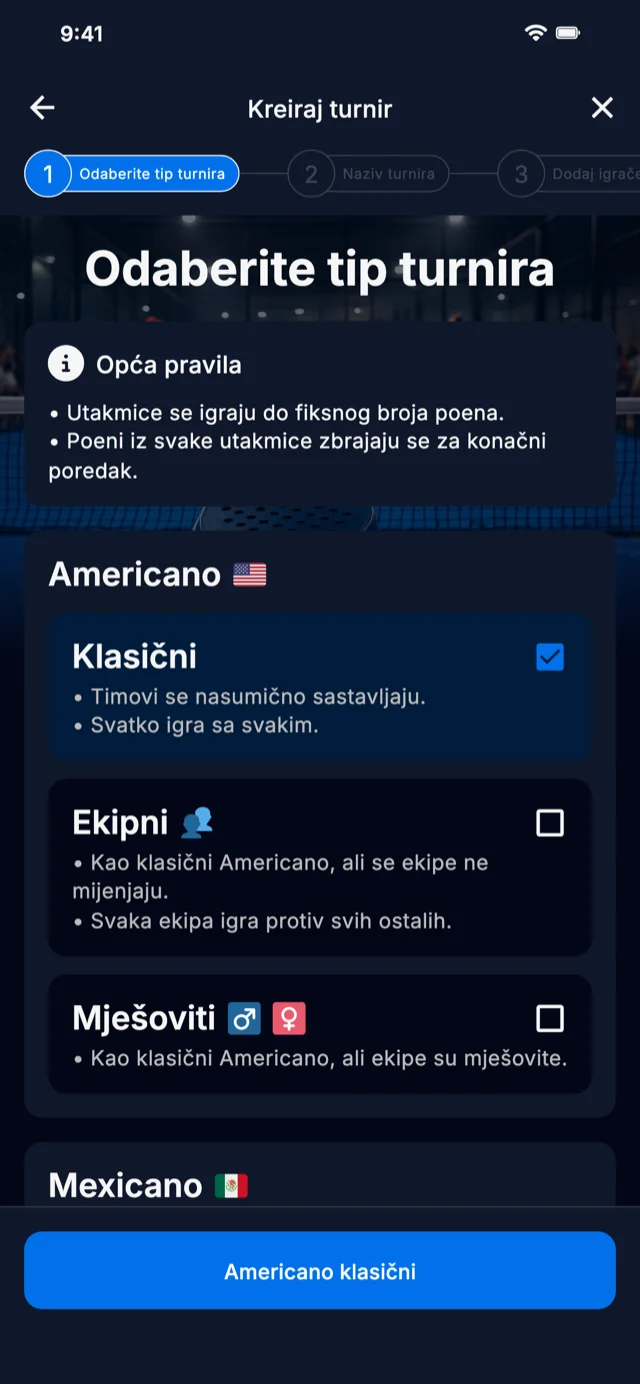 Odabir formata padel turnira za Americano i Mexicano