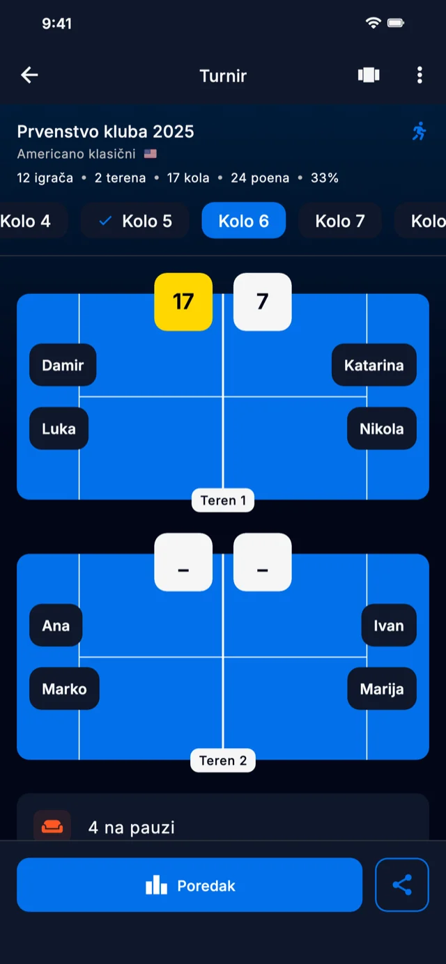 Snimka zaslona aplikacije koja prikazuje runde turnira