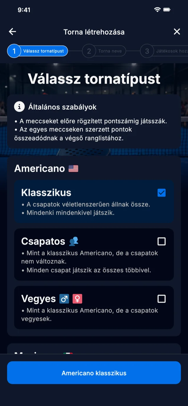 Padel torna formátum választás Americano és Mexicano-hoz