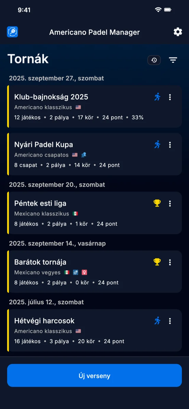 Padel torna kezelő alkalmazás Americano és Mexicano formátumokhoz