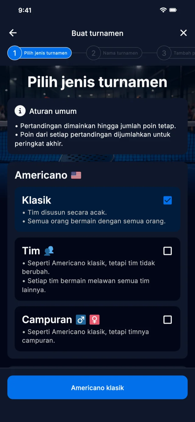 Pemilihan format turnamen padel untuk Americano dan Mexicano