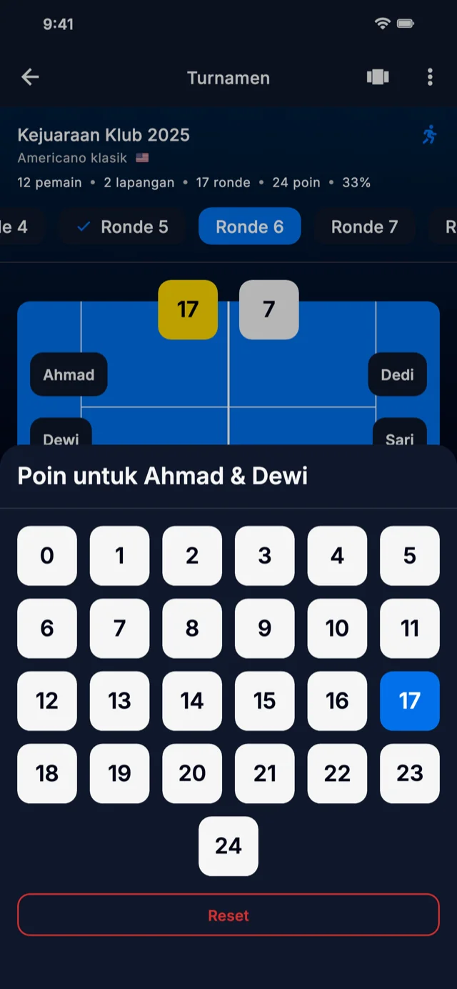 Screenshot aplikasi menampilkan input skor