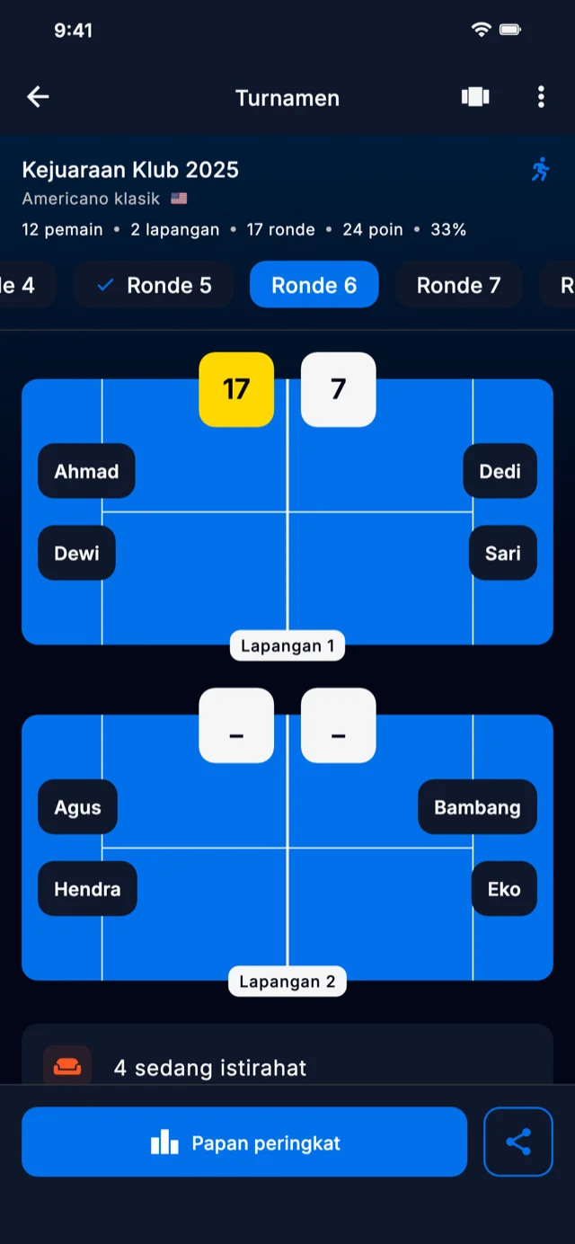Screenshot aplikasi menampilkan ronde turnamen