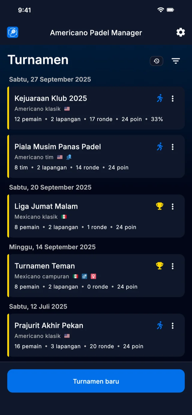 Aplikasi manajemen turnamen padel untuk format Americano dan Mexicano