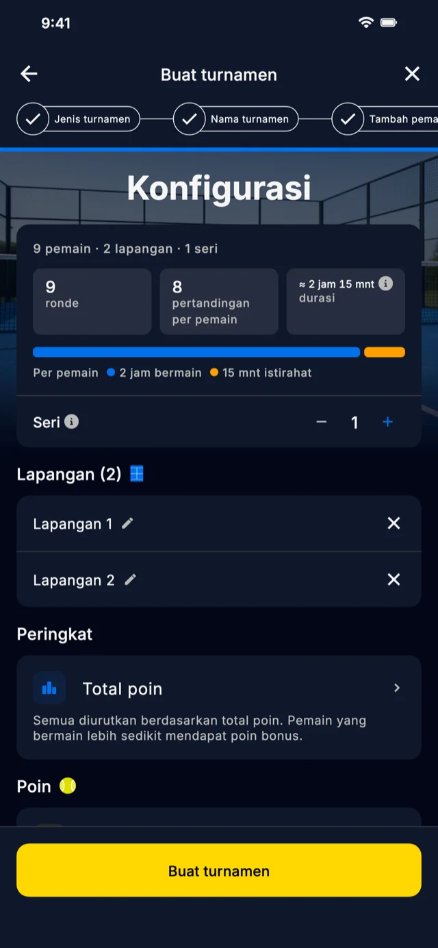 Layar konfigurasi turnamen di aplikasi Americano Padel Manager