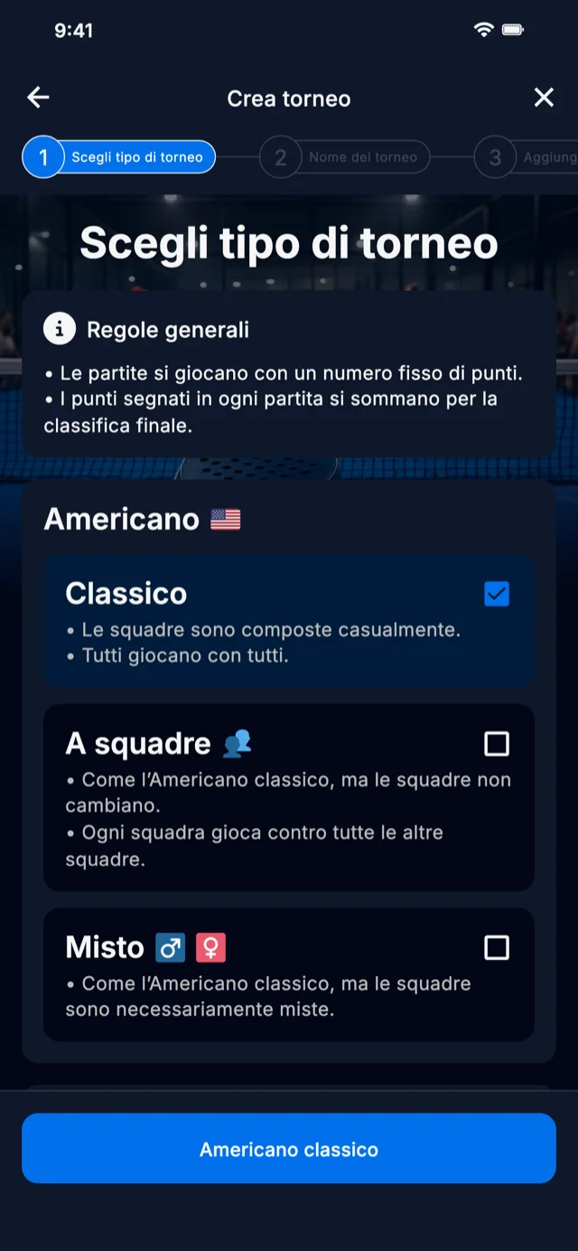 Selezione del formato torneo padel per Americano e Mexicano