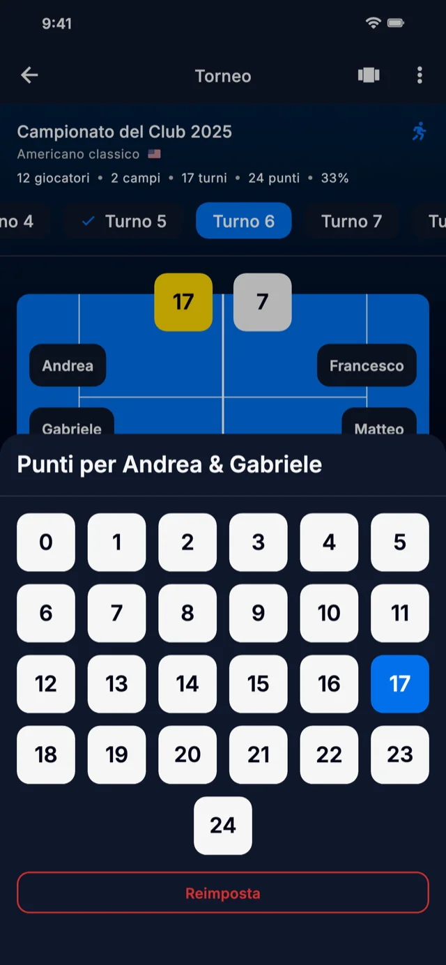 Screenshot dell'app che mostra l'inserimento del punteggio