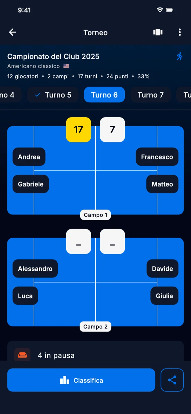 Screenshot dell'app che mostra i turni del torneo