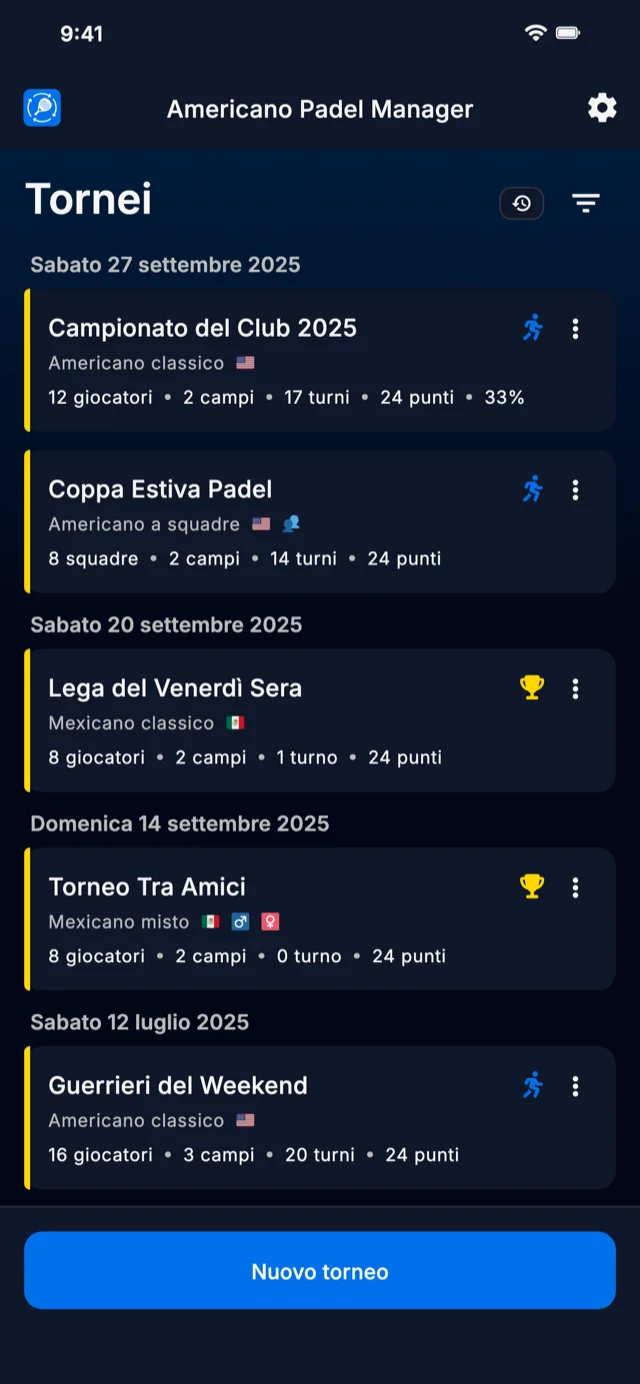 App per la gestione dei tornei di padel per formati Americano e Mexicano