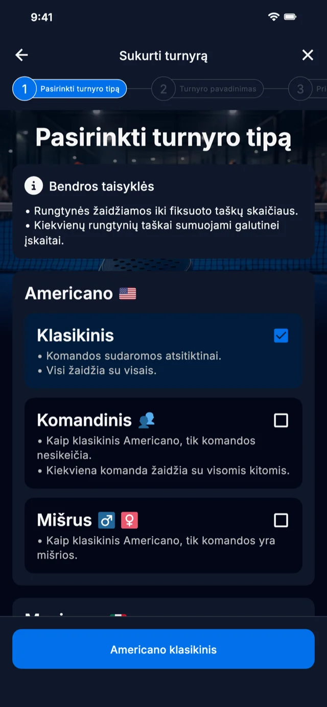 Padelio turnyro formato pasirinkimas Americano ir Mexicano