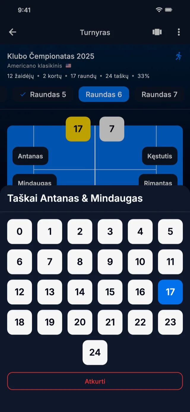 Programėlės ekrano kopija rodanti rezultatų įvedimą