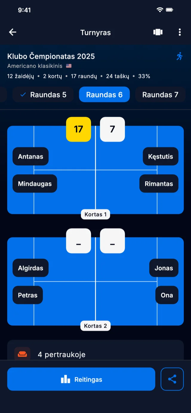 Programėlės ekrano kopija rodanti turnyro raundus