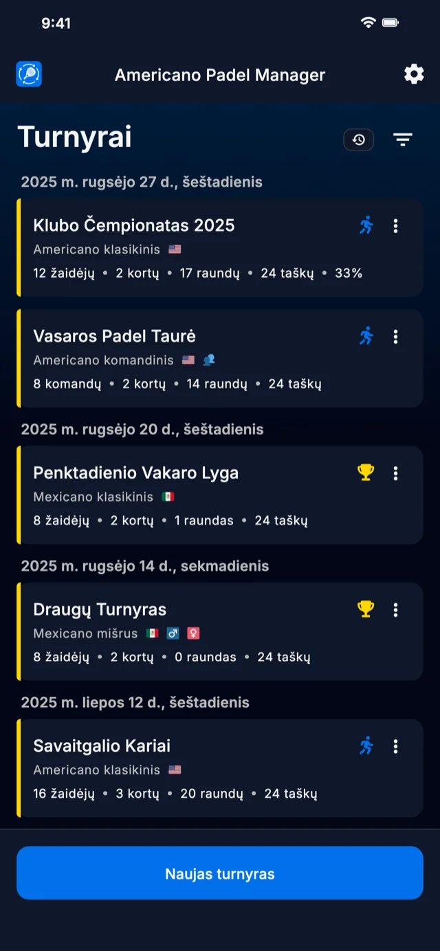 Padelio turnyrų valdymo programėlė Americano ir Mexicano formatams