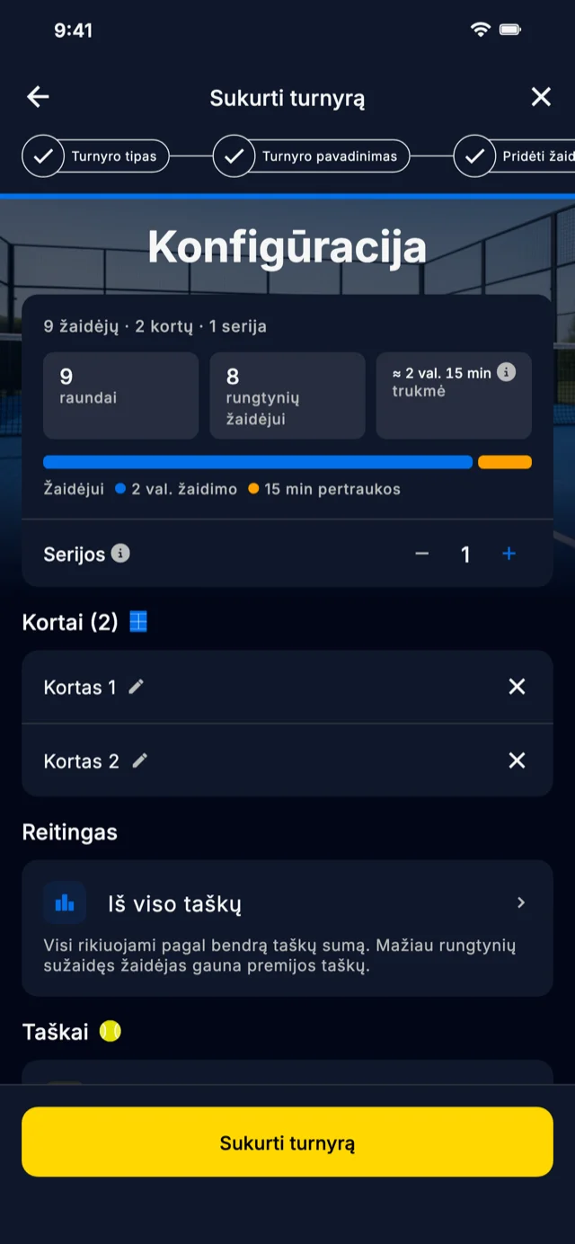 Turnyro konfigūracijos ekranas Americano Padel Manager programėlėje