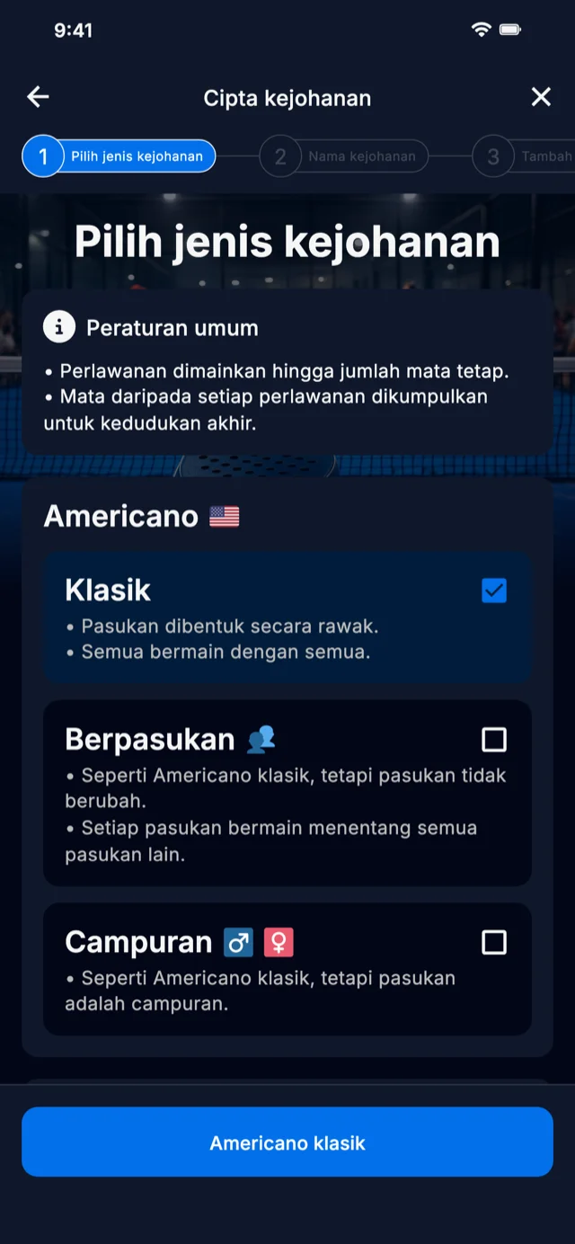Pemilihan format kejohanan padel untuk Americano dan Mexicano