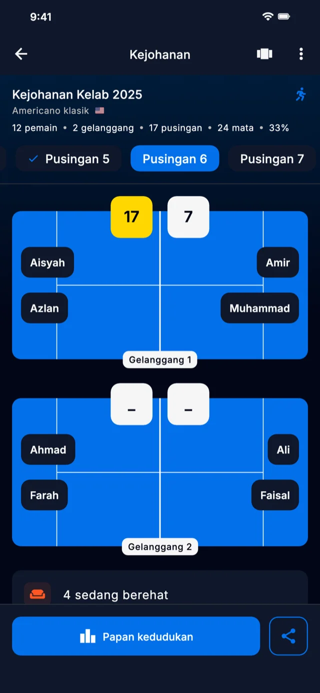 Tangkapan skrin aplikasi menunjukkan pusingan kejohanan