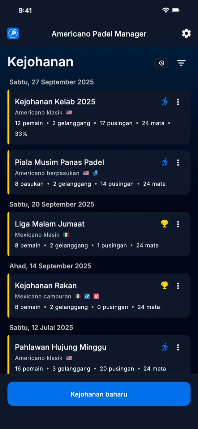 Aplikasi pengurusan kejohanan padel untuk format Americano dan Mexicano
