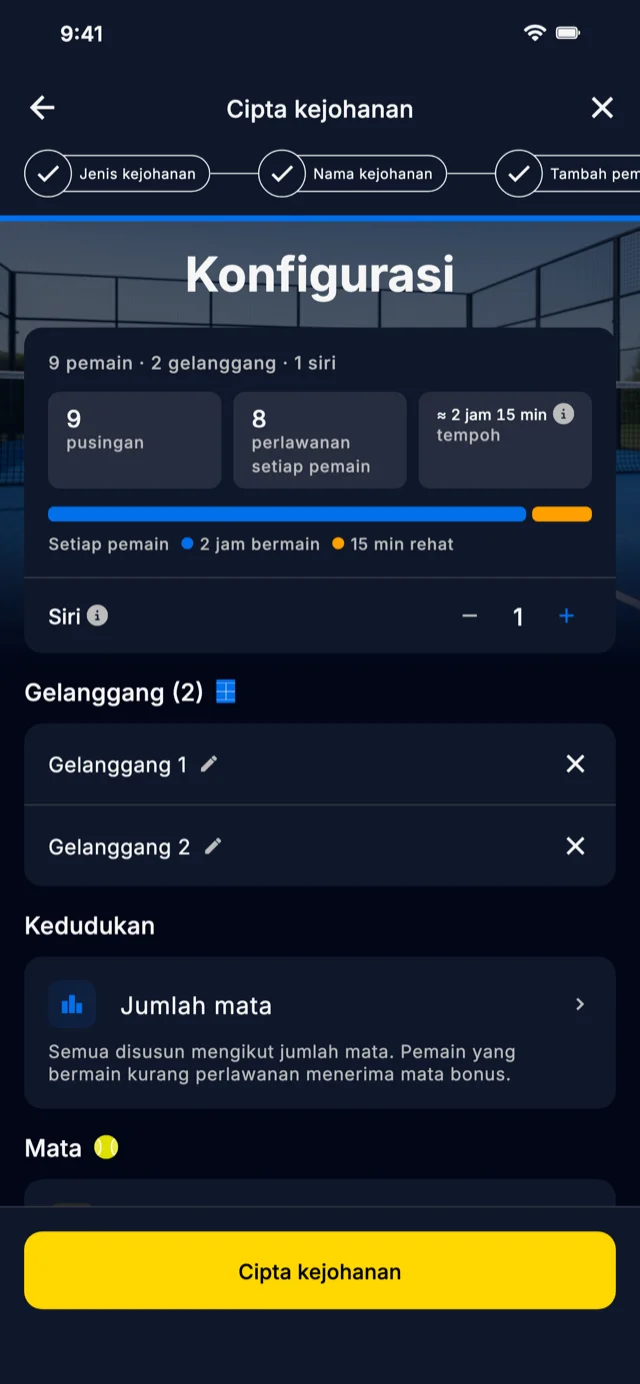 Skrin konfigurasi kejohanan dalam aplikasi Americano Padel Manager