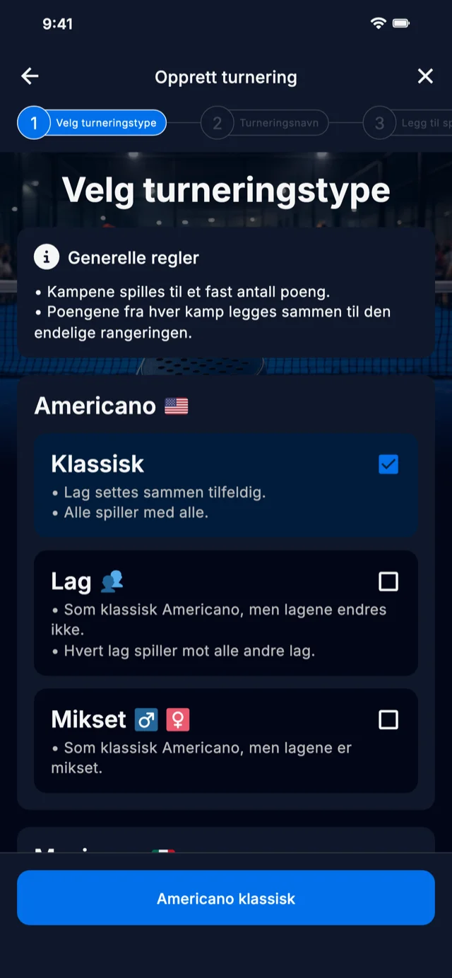 Padelturneringsformat-valg for Americano og Mexicano