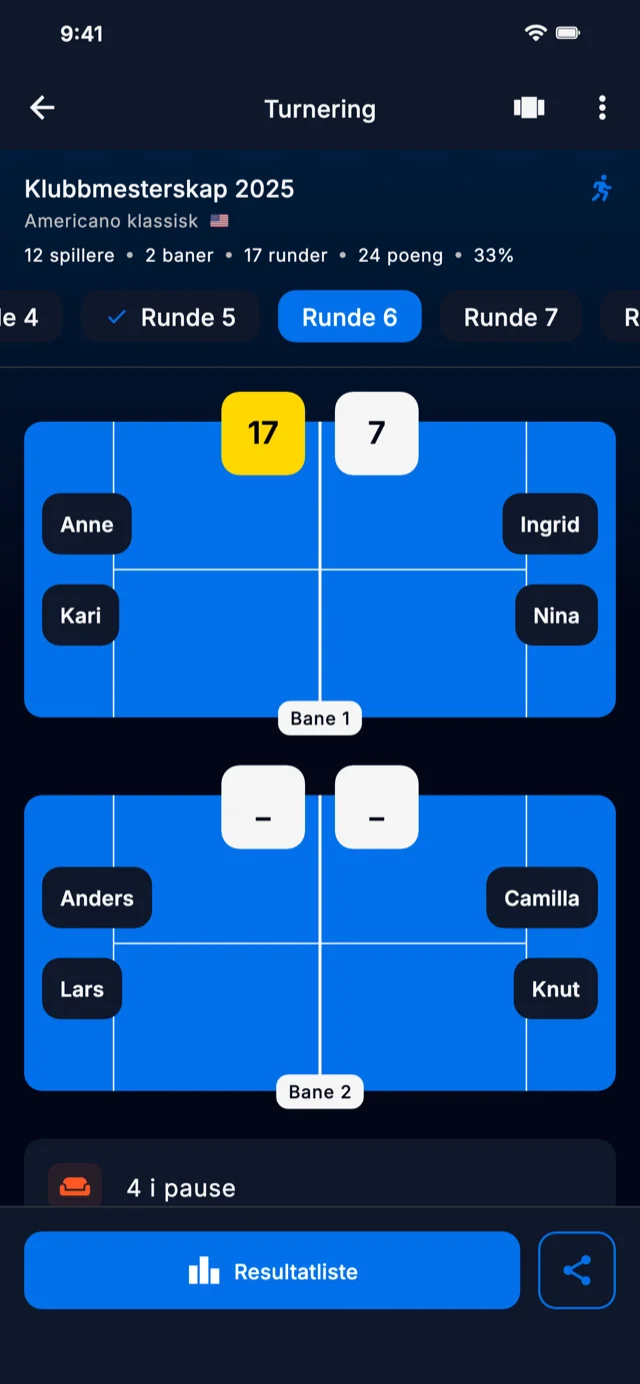 App-skjermbilde som viser turneringsrunder