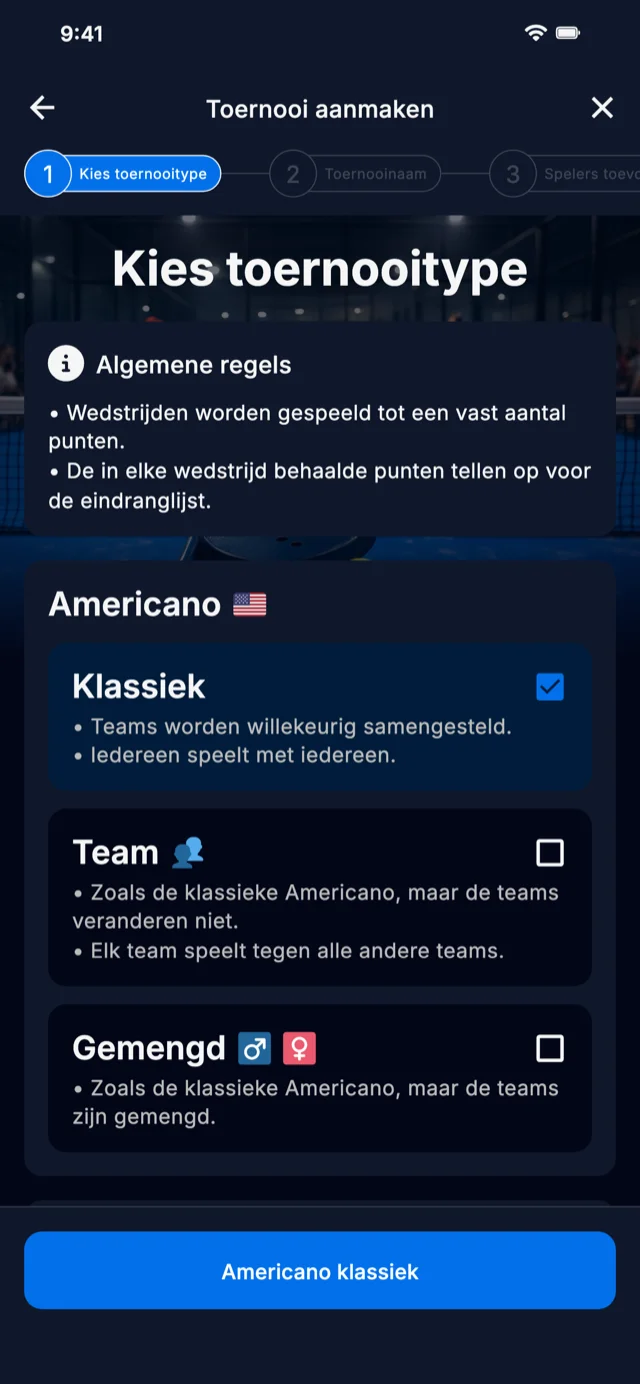 Padel toernooiformaat selectie voor Americano en Mexicano