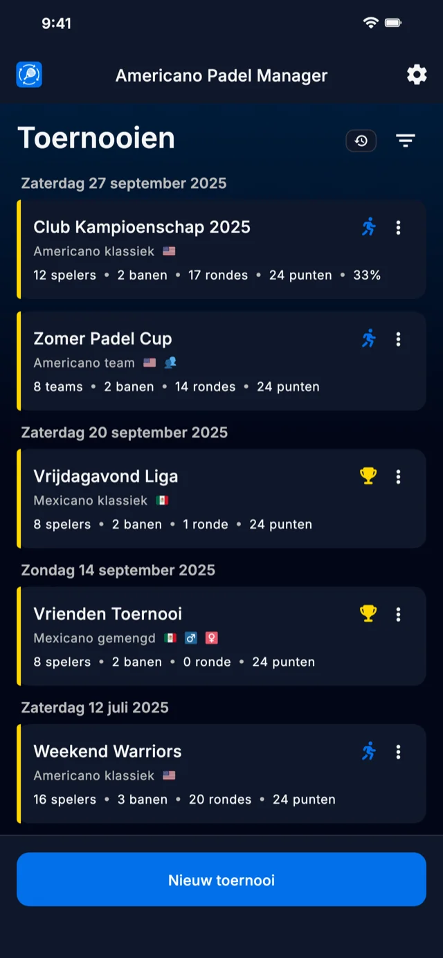 Padel toernooi beheer app voor Americano en Mexicano formaten