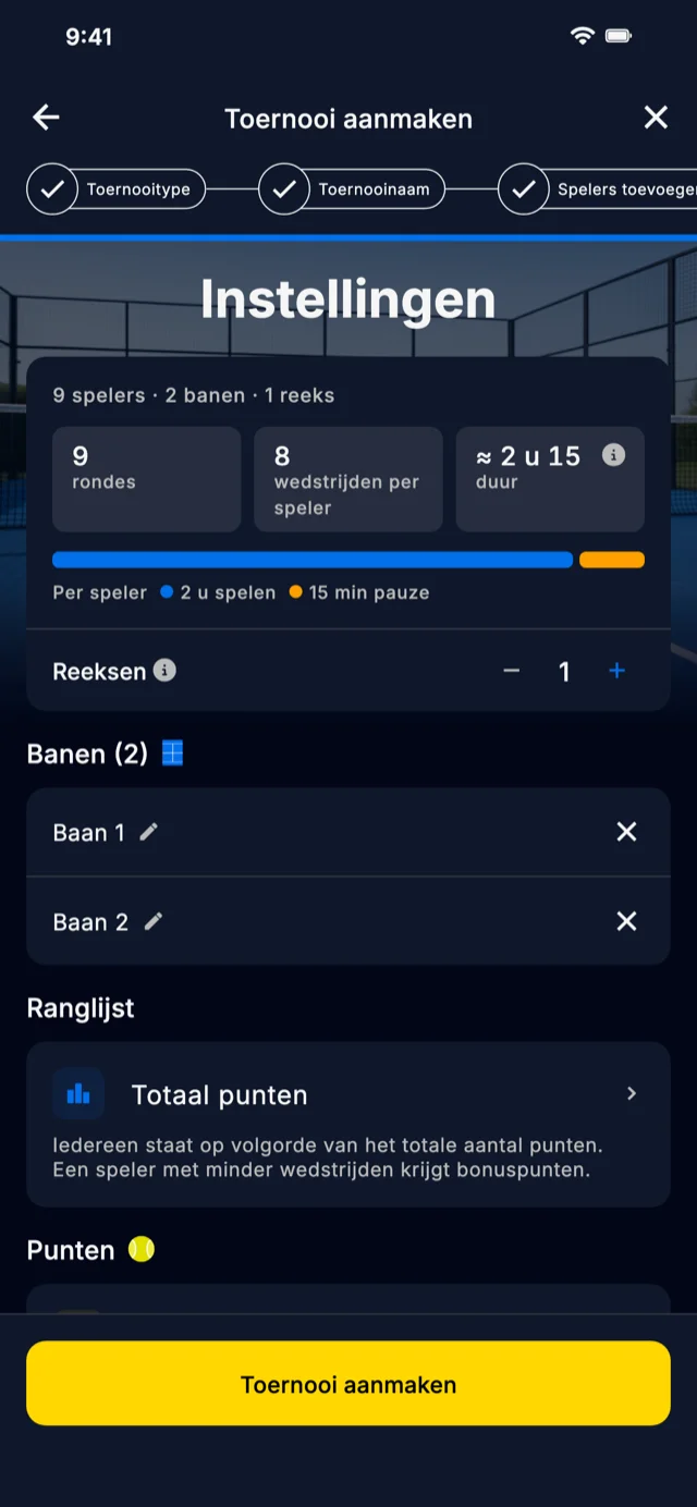 Scherm voor het instellen van een toernooi in Americano Padel Manager