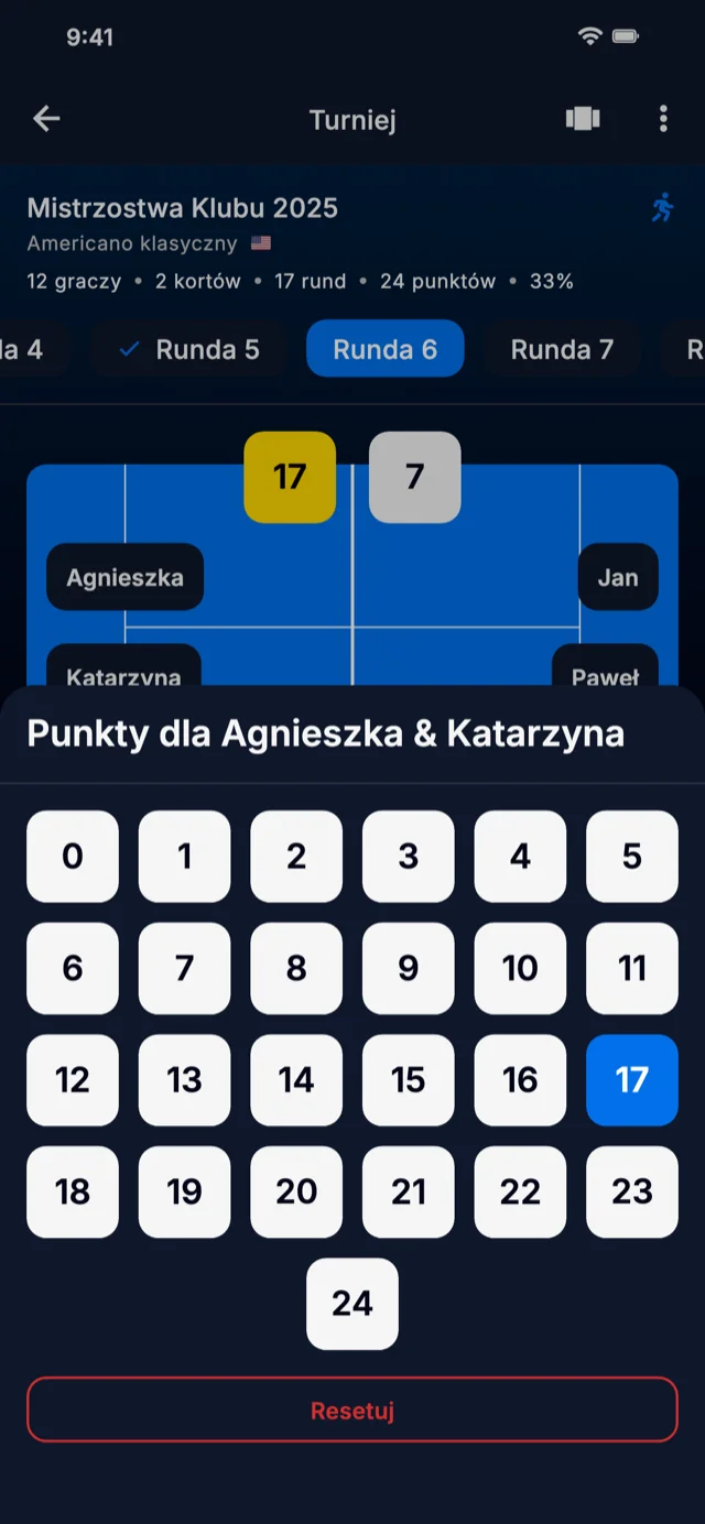 Zrzut ekranu aplikacji pokazujący wprowadzanie wyników