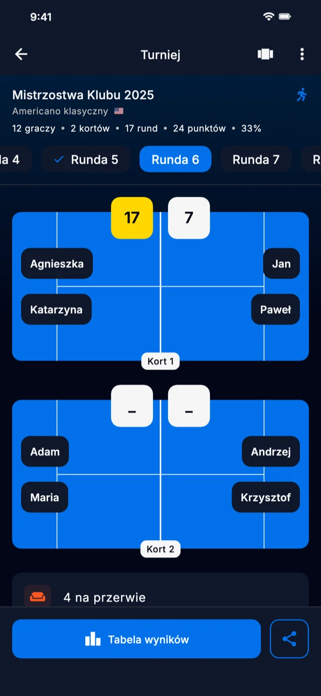 Zrzut ekranu aplikacji pokazujący rundy turnieju
