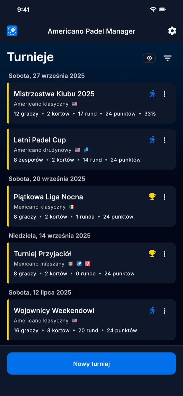 Aplikacja do zarządzania turniejami padel dla formatów Americano i Mexicano