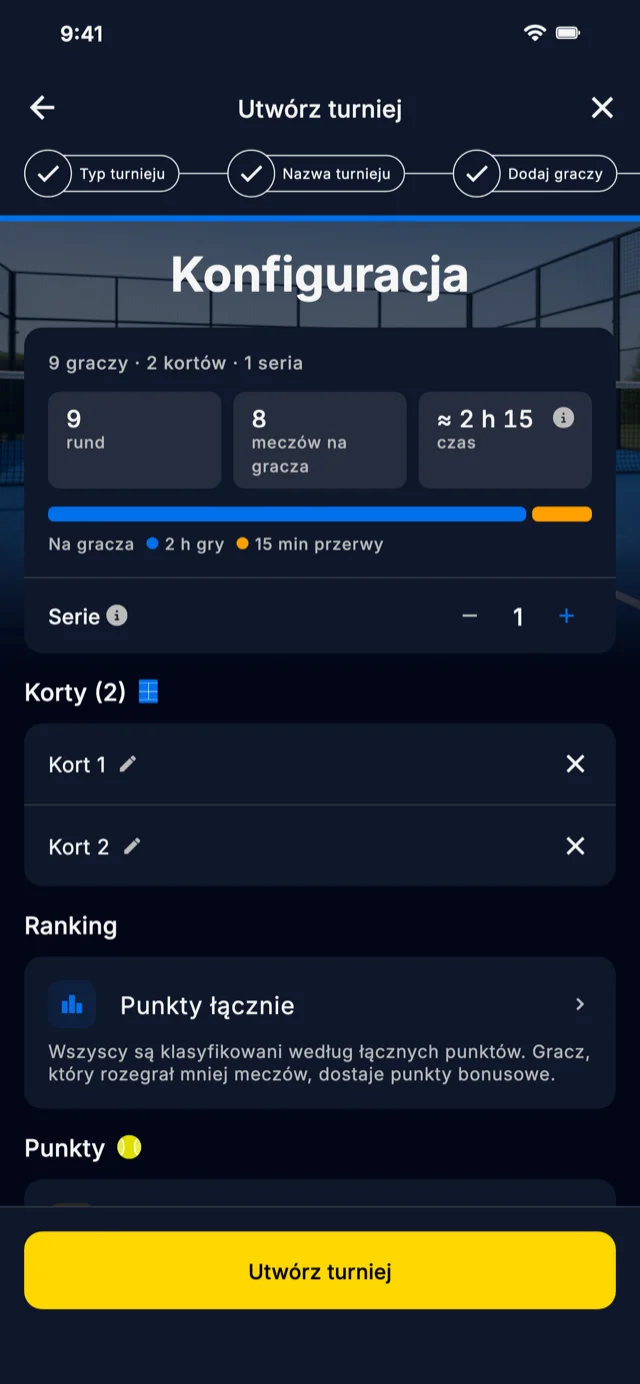 Ekran konfiguracji turnieju w aplikacji Americano Padel Manager
