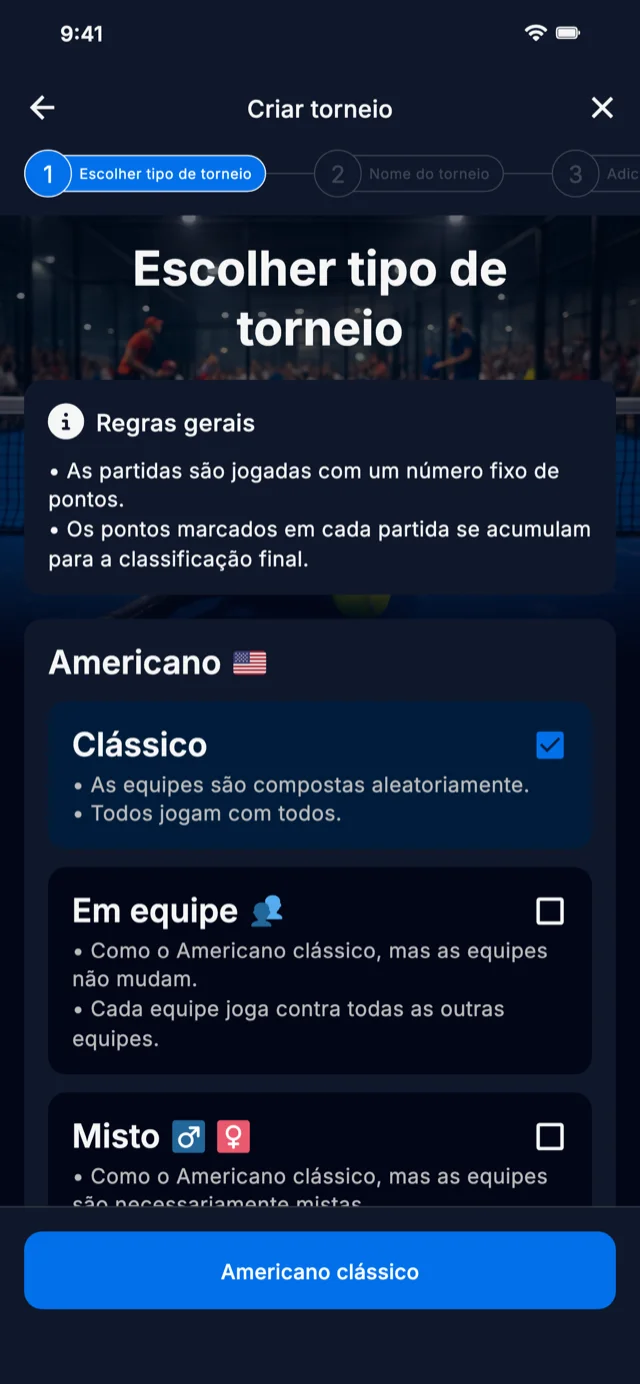 Seleção de formato de torneio de padel para Americano e Mexicano