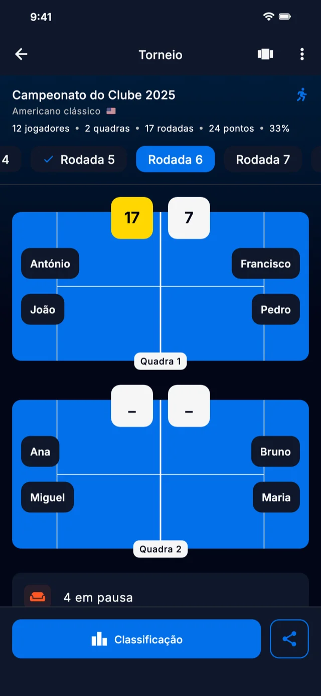 Captura de tela do app mostrando rodadas do torneio