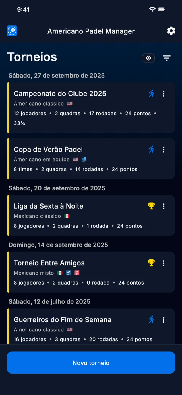 App de gestão de torneios de padel para formatos Americano e Mexicano